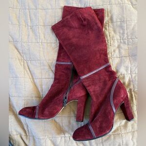Vintage Maroon Suede Heeled Boots